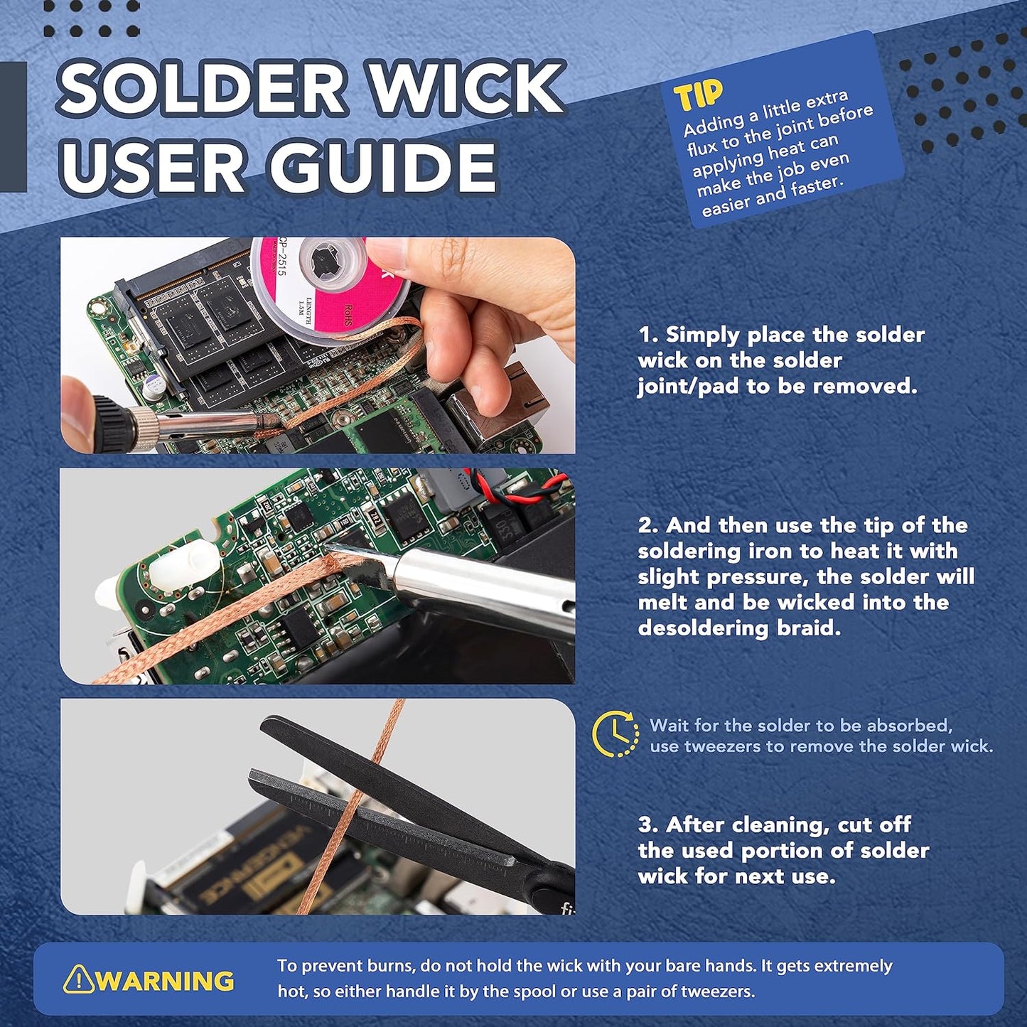 Solder Wick Braid with Flux No-Clean Desoldering Wick Removal Tool, Solder Sucker Wick Roll to Desolder PCB and Remove Solder